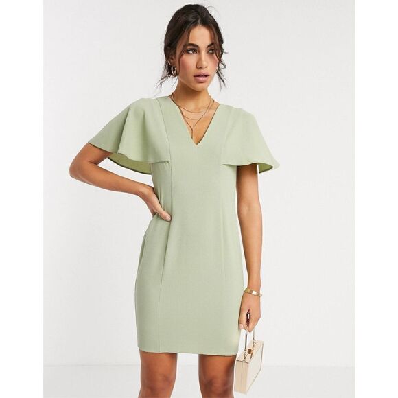ASOS DESIGN angel sleeve v neck mini shift dress in sage green womans 10 - Picture 1 of 9